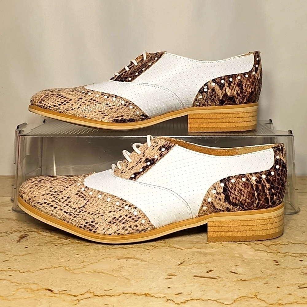 NWT GMD Womens Lace-up Leather & Snakeskin Brown White Shoes EU 39 | US 8 - Picture 5 of 8
